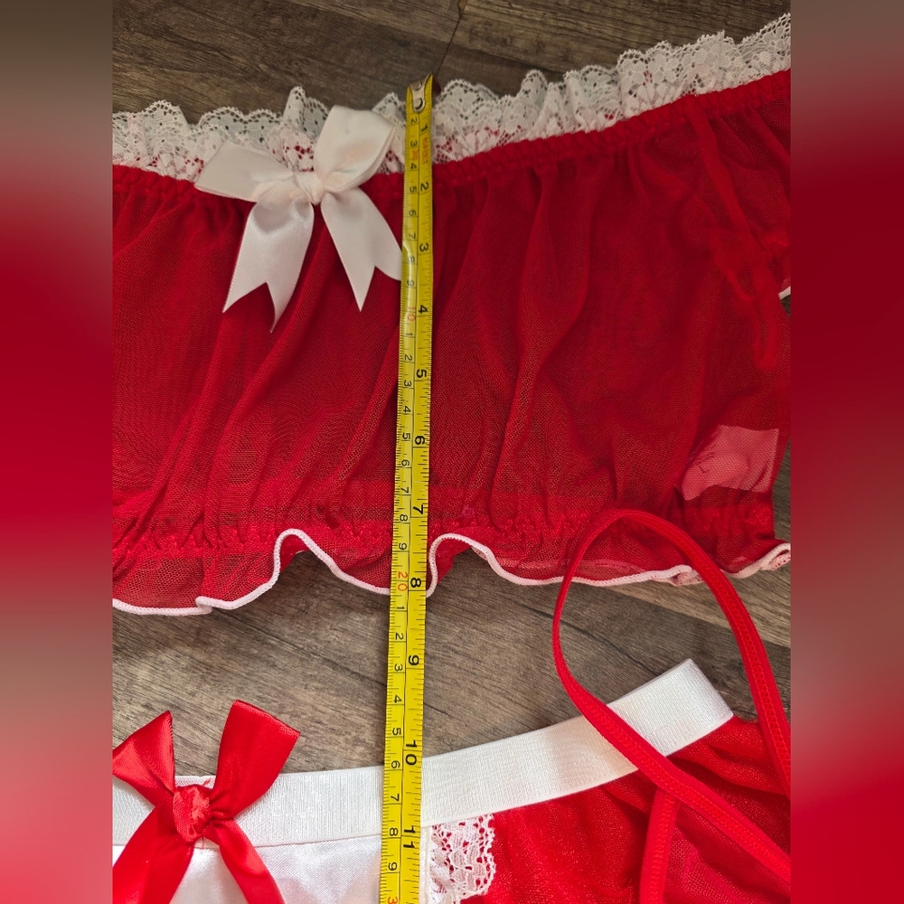 New Lingerie Maid Cosplay Red and White Lace Trim Costume 5 Piece Set Witchy - Picture 5 of 11